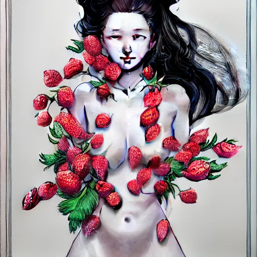 Image similar to the portrait of an absurdly beautiful, graceful, elegant, sophisticated, fashionable young gravure idol made of strawberries and white petals, an ultrafine hyperdetailed illustration by kim jung gi, irakli nadar, intricate linework, bright colors, octopath traveler, final fantasy, unreal engine 5 highly rendered, global illumination, radiant light, detailed and intricate environment