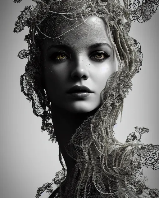 Image similar to surreal mythical dreamy artistic black and white fine art photo of a beautiful young female queen - medusa - cyborg covered with lace fish scales and translucent algae, highly detailed, intricate crystal ivy lace jelly fish scales ornate, poetic, octane render, 8 k, photo - realistic