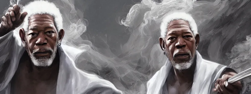 Prompt: Epic Concept art of morgan freeman in a one-piece white robe, the old man is alone, there are no other people, white hair and white beard, surrounded by black smoke, smoky, full body wuxia, Wudang Swordmanship by Chen Uen, art by Yoji Shinkawa, 4k