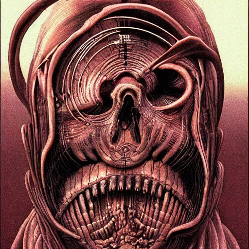 Prompt: skin flesh wires skulls, cyberpunk dystopia, in the style of hr giger, richard corben, zdzisław beksinski, moebius, hieronymus bosch and francis bacon