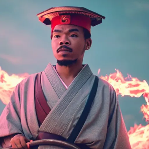 Image similar to cinematic film still of Chance The Rapper starring as a Samurai holding fire, Japanese CGI, VFX, 2022, 40mm lens, shallow depth of field, film photography