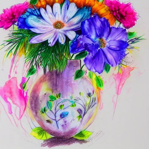 Image similar to a vase with a colorful and beautiful flower arrangement. watercolor and pencil drawing style. beautiful lighting, 4 k post - processing, trending in art station, cg society, highly detailed, 5 k extremely detailed, 3 d. cinematic scene.