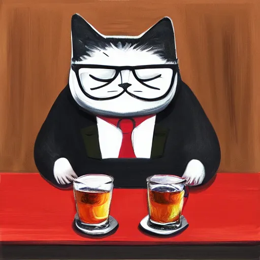 Prompt: curly fat cat in square glasses with a red beard, in a black raincoat, drinks beer in a bar, digital art, oil painting
