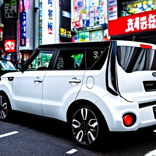 Prompt: a Kia soul parked on a busy street in Tokyo Japan Akihabara