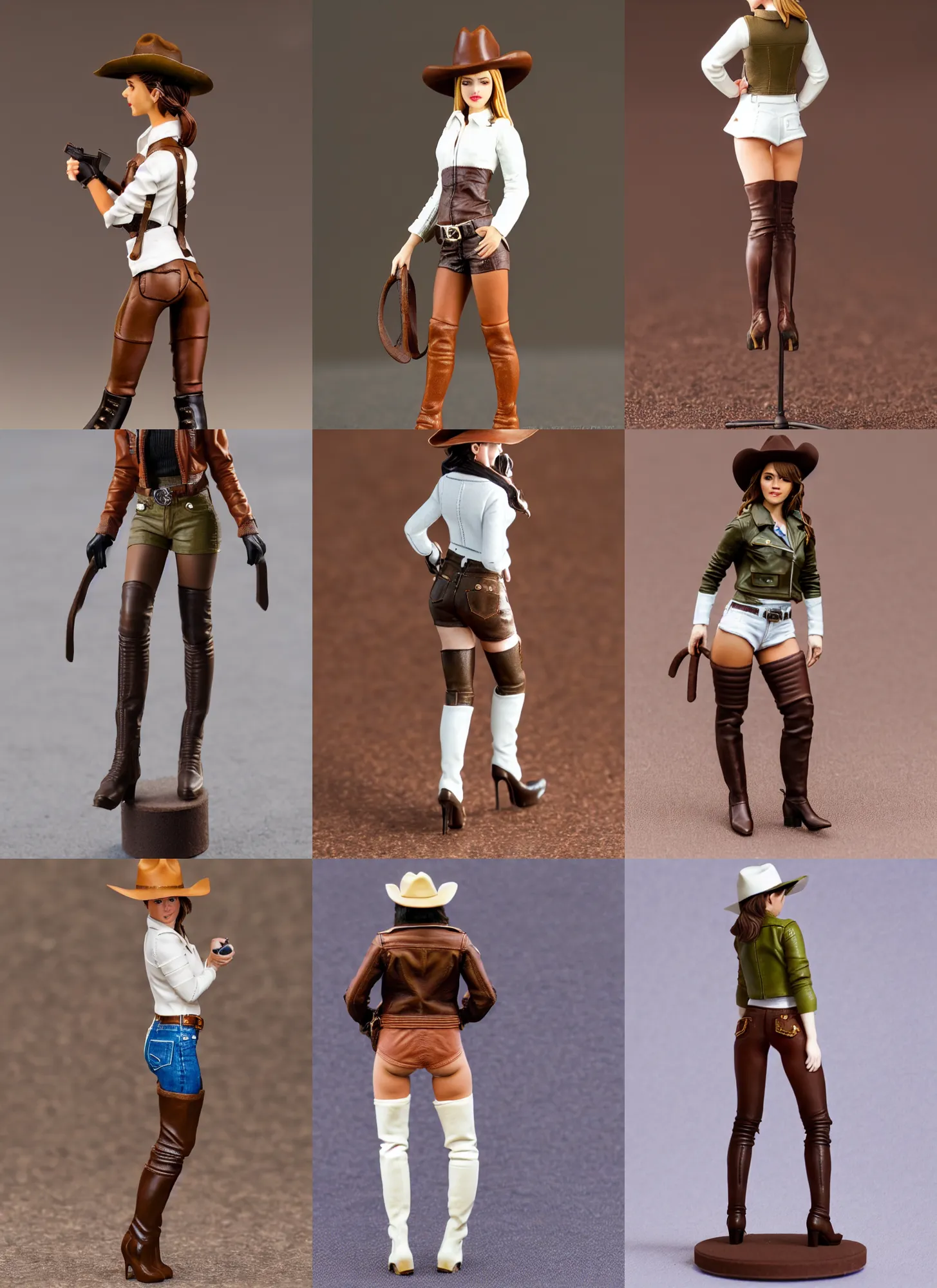Prompt: 80mm resin detailed miniature of a cow girl, Short brown leather jacket, white shirts, hot-pants, ten-gallon hat, over-knee boots, olive thigh skin, Standing with legs open on textured disc base; Miniature product Introduction Photos, Company Logo, 4K, Full body; Front view