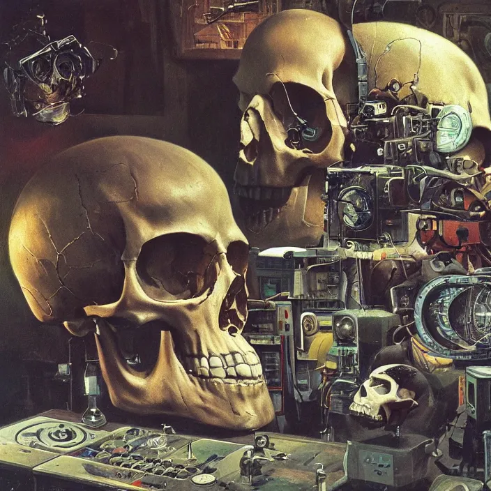 Image similar to pensive skull observing 8 0's era technology, vintage shapes, retro technology, vintage color, wayne barlow, oil on canvas, deep depth of field, masterpiece, cinematic composition, hyperdetailed