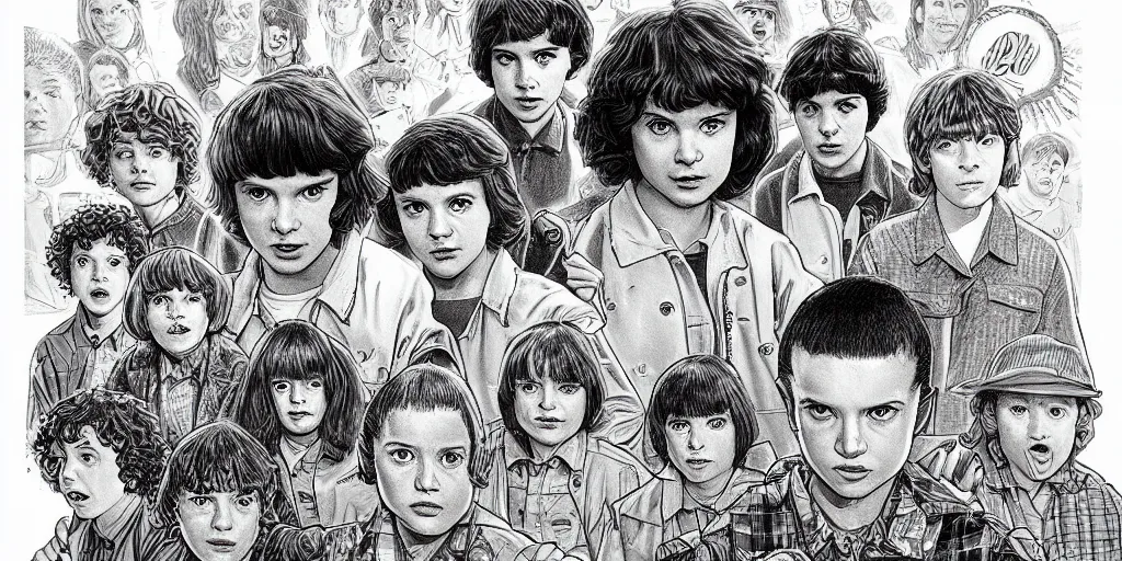 Prompt: stranger things cast, drawn by moebius, detailed