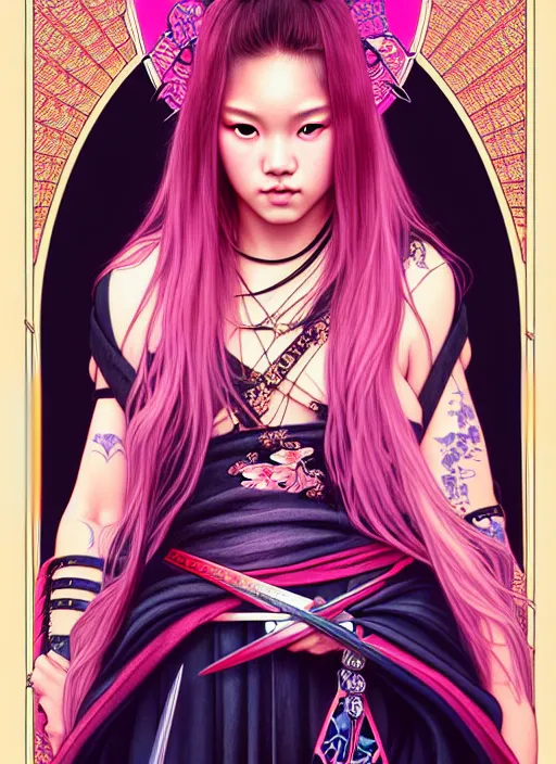 Image similar to jossi of blackpink, samurai, tarot card, highly detailed, digital painting, smooth, sharp focus, illustration, ultra realistic, 8 k, art by artgerm and alphonse mucha