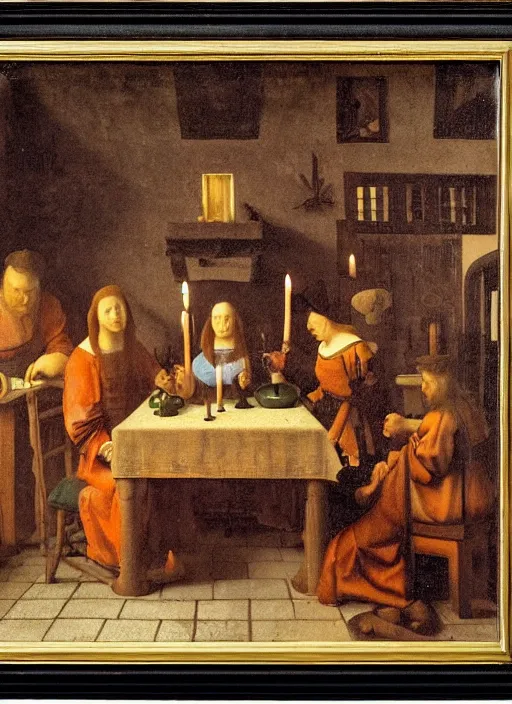Image similar to a candlelit table at the inn, evening, dark room, two young people sitting at the table, swirling smoke, dark smoke, realistic, in the style of leonardo da vinci, dutch golden age, amsterdam, medieval painting by jan van eyck, johannes vermeer, florence
