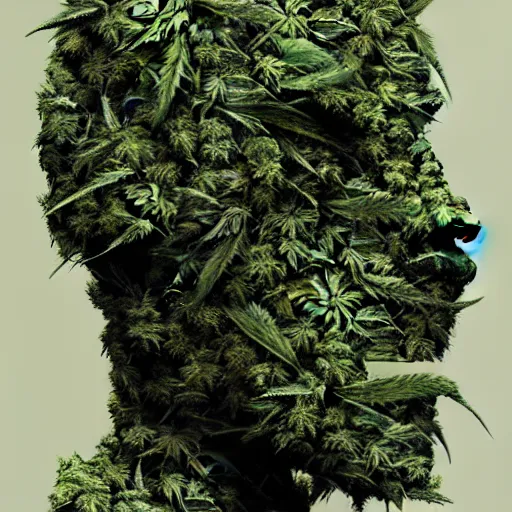 Image similar to an amazing deep portrait of a robot made of marijuana, intricate detail, volumetric lighting, 8 k, photorealistic, digital art trending on artstation