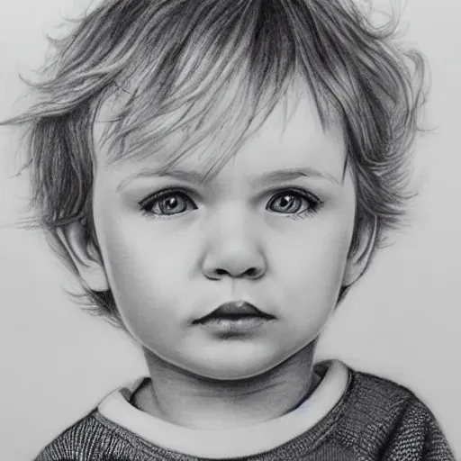 Prompt: pencil drawing of a toddler boy with curly light blond hair and blue eyes, realistic
