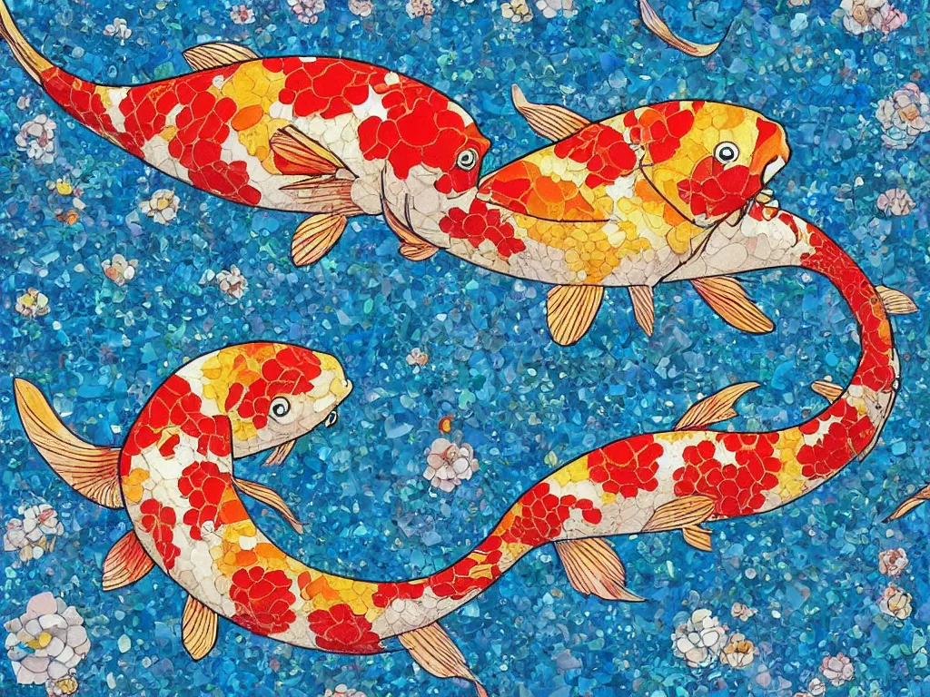 Image similar to breathtaking detailed concept art painting kaleidoscope of koi carp collage illustration pattern, 1 5 0 mm, tiny, small, miniature, short, cute and adorable, digital painting, highly detailed, intricate, elegant, artstation, concept art, colorful, beautiful, studio ghibli, aoshima chiho, takashi murakami, manga, cute and adorable