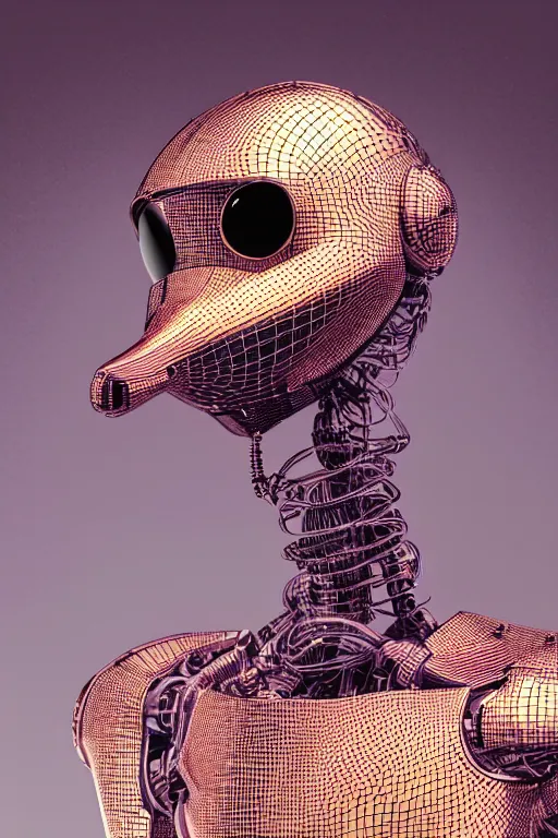 Prompt: robot duck concept portrait, visible screws and wires, 3 d metallic ceramic, detailed, sharp focus, pastel, intricate, realistic, smooth, volumetric lighting, digital painting