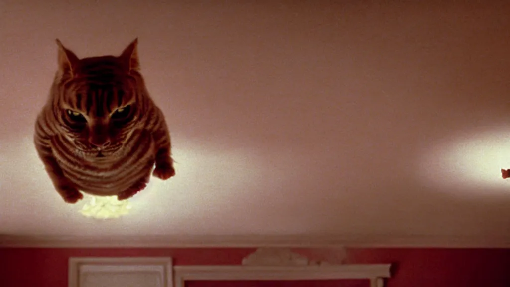 Image similar to a strange Garfield crawls on the living room ceiling, film still from the movie directed by Wes Anderson with art direction by Zdzisław Beksiński, wide lens