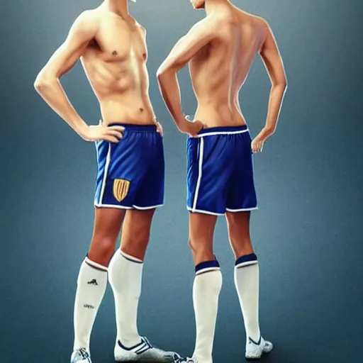 Image similar to a realistic detailed photo of a guy who is an attractive humanoid who is half robot and half humanoid, who is a male android, soccer players martin ødegaard & timo werner, shiny skin, posing like a statue, blank stare, in a factory, on display, showing off his muscles, gold soccer shorts, side view, looking at each other mindlessly