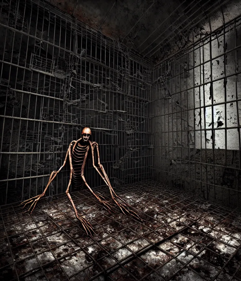 Image similar to Creepy huge suffering humanoid with long limbs sits on the floor. An underground very dark gloomy multi-layered structure of rusty thick iron grates, dense chain-link fencing and peeling walls. Inside view, collapsed floors, bent rusted iron, masterpiece, black background, corners, cinematic, hyperdetailed, photorealistic, hyperrealism, octane render, 8k, depth of field, bokeh, architecture, shadows, art by Zdzisław Beksiński, Dariusz Zawadzki