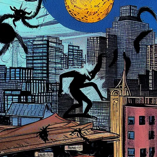 Prompt: A pack of Garou werewolves chase a giant spider across the rooftops of downtown Vancouver. classic modern contemporary urban fantasy illustration by Al Williamson, Tony DiTerlizzi, and Ron Spencer.