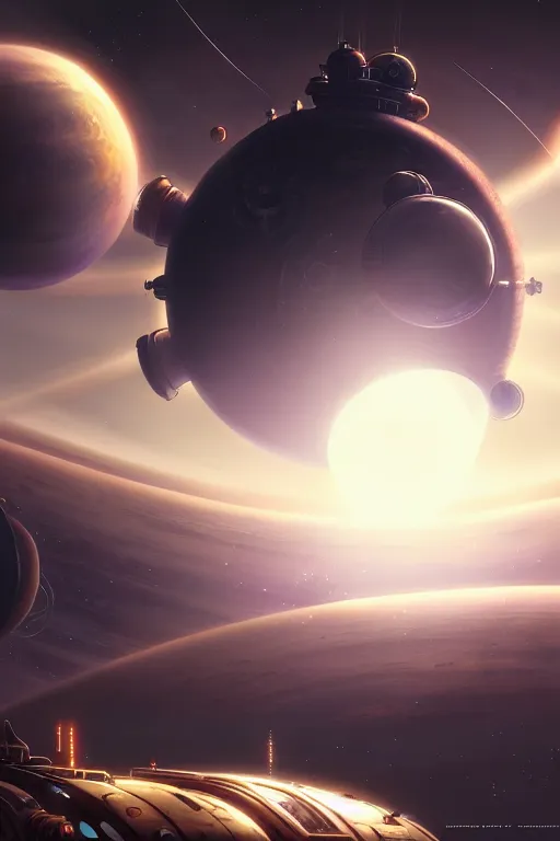 Prompt: steampunk spaceship infront of a planet, exquisite details, denoised, mid view, by karl kopinski, artsation, greg rutkowski, makoto shinkai, takashi takeuchi, studio ghibli