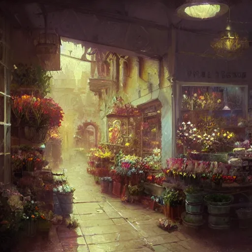 Prompt: flower shop, intricate oil painting by greg rutkowski, trending on artstation