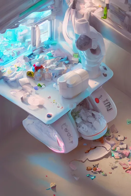 Prompt: Diaper Disposal Robot, Overflowing with Diapers, digital art, fantasy, trending on artstation, professional illustration, cgsociety, ultra detailed, volumetric lighting, celshaded, colorful, girly bedroom