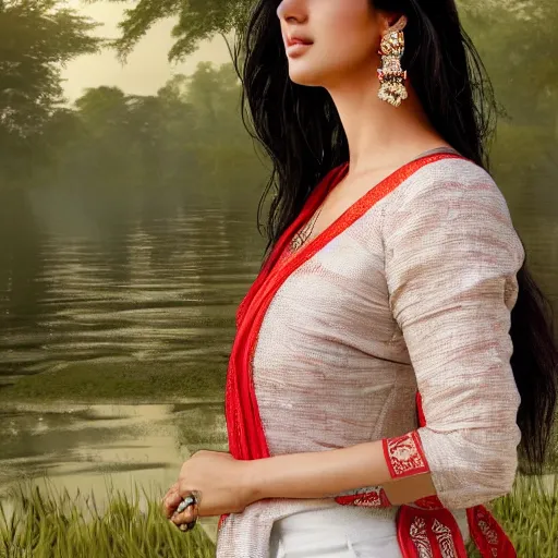 Prompt: katrina kaif wearing assamese mekhela, background: assam tea garden kaziranga, clear makeup, clean hair, dry skin, clear skin, airbrushed, bright eye makeup, beautiful feminine body, photo by mario testino, 8k octane render, ray traced, cinematic, hyper detailed, micro details, insanely detailed, trending on artstation, concept art