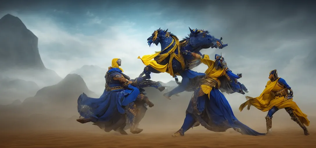 Prompt: a warrior in blue and yellow robes fighting a dark beast in a desert, detailed face, luminescent eyes, sunny weather, rendered in octane, realistic, 8 k, vivid, intricate, detailed, mist, fog, dramatic light