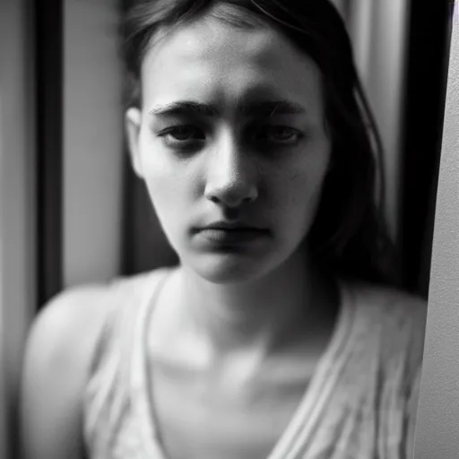 Image similar to black and white photography of highly detailed beautiful depressed Woman with detailed face in the heroine chique style standing by the window, volumetric natural light