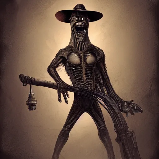 Image similar to h. r. giger alien as indiana jones with a whip and party hat in his head, illustration by irakli nadar