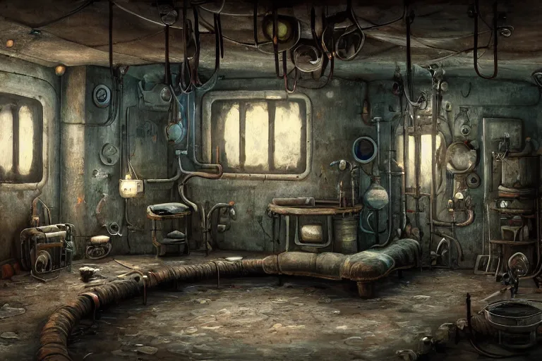 Prompt: A beautiful painting of interior of room with metal pipes in machinarium by yann souetre, Trending on artstation.