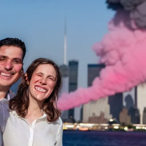 Image similar to a close up of a smiling couple of parents to be, in front of 9 / 1 1 with pink smoke, award winning