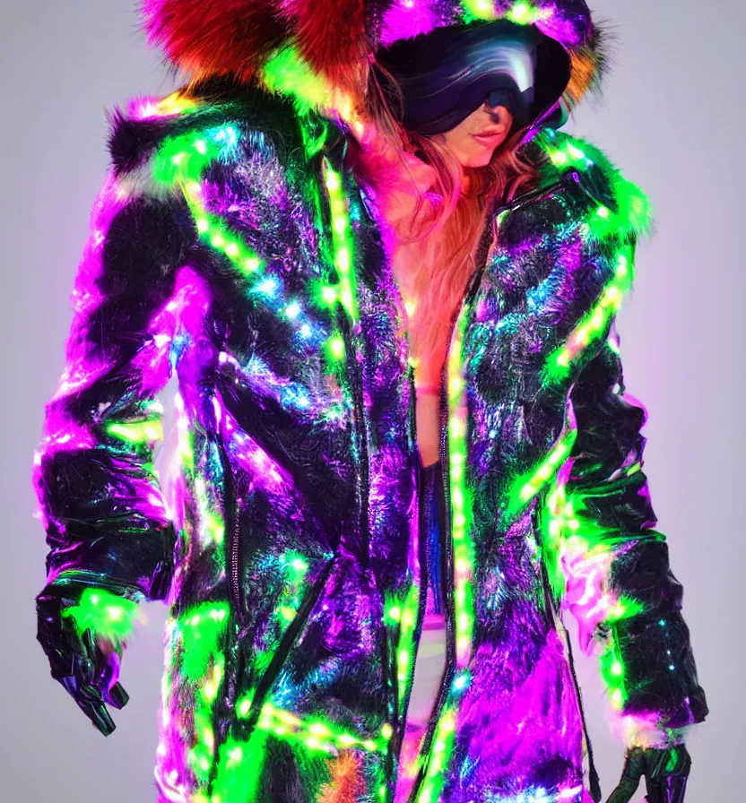 Image similar to autumn season rave jacket with led skin and fluffy lining in the style of cyberdog, futuristic psychedelic hippy, product shot, dark background, neon lighting