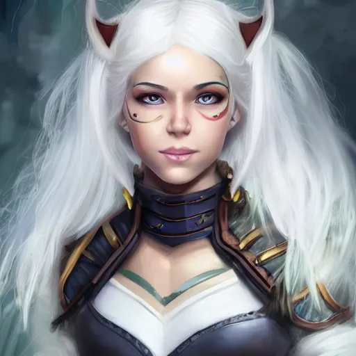 Image similar to fantasy portrait of a female human adventurer with white skin, white hair, white eyes without pupils, slightly - pointed ears, short wavy hair, eyebrow scar, trending on artstation, gentle smile, friendly, glowing, 4 5 angle, warm and welcoming