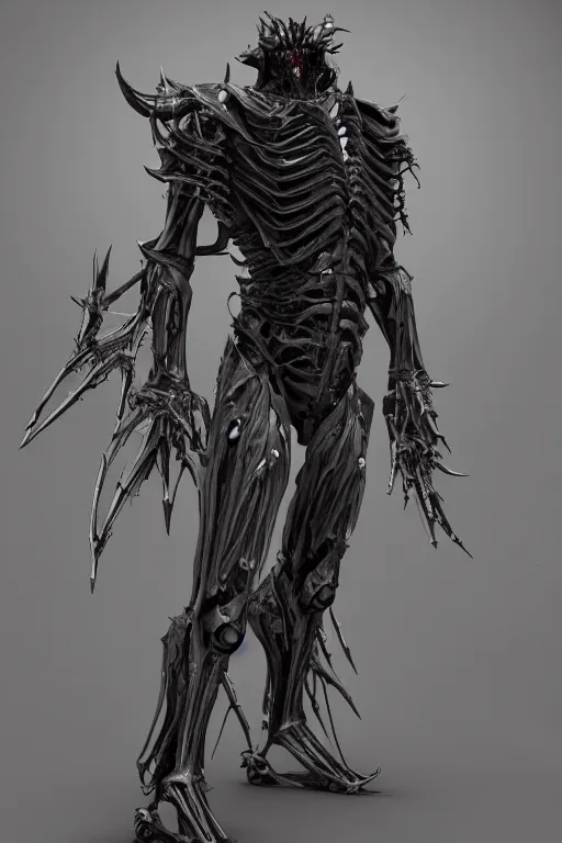 Image similar to demon knight in scifi military obsidian armor exoskeleton but muscular body posing in cosmos, octane render, 4k, hardsurface, scifi, zbrush clay sculpture, Simon Lee, artstation 3D, unreal 4, ue4 ue5, high poly, highly detailed, thorns biomechanical environment with exposed ribs and teeth, horror medical, film grain, film, cinematic, dof, in focus, bokeh