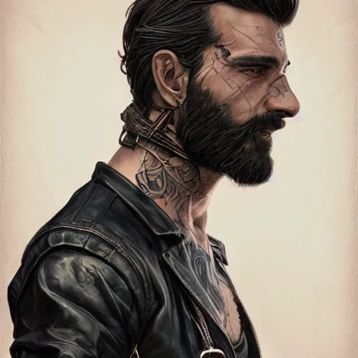 Image similar to Portrait of rugged scarred muscular man with stubble beard wearing a black leather jacket, waist high, intricate, wild, highly detailed, digital painting, artstation, concept art, smooth, sharp focus, illustration, art by artgerm and greg rutkowski and alphonse mucha