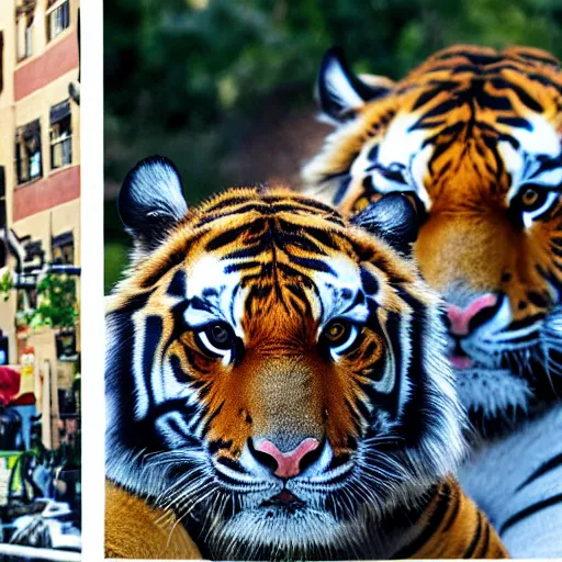 Prompt: photography of a tiger and a policeman smoking marijuana in the streets