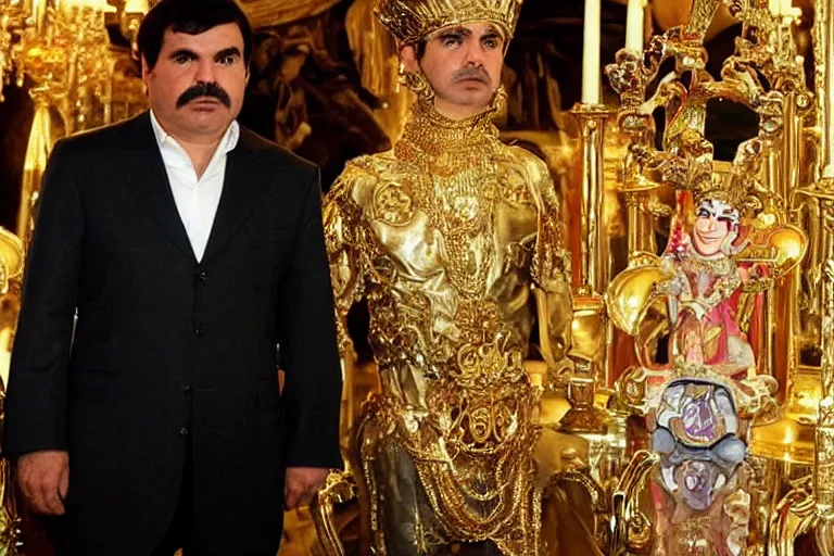 Image similar to el chapo is a genie standing in the middle of a grandiose mexican mansion. everything is made out of gold. el chapo is sipping on wine. the mansion is incredible and ornate. chapo has a clockwork chain. there are princesses and queens everywhere around him, lovely scene of a genie being a pimp