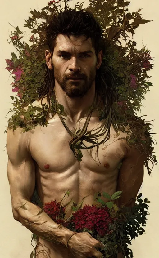 Image similar to god of the forest, 3 0 years old, rugged, handsome, male, detailed face, clean lines, atmospheric lighting, amazing, full body, thighs, flowers, muscular, intricate, highly detailed, digital painting, deviantart, concept art, sharp focus, illustration, art by greg rutkowski and alphonse mucha