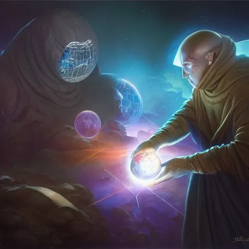 Prompt: creator of worlds wearing a cloak, masked, and holding a holographic planet projection in his hand, detailed, sci - fi, digital painting, artstation, sharp focus, illustration, ominous, artgerm, tomasz alen kopera, peter mohrbacher, donato giancola, joseph christian leyendecker, wlop, frank frazetta