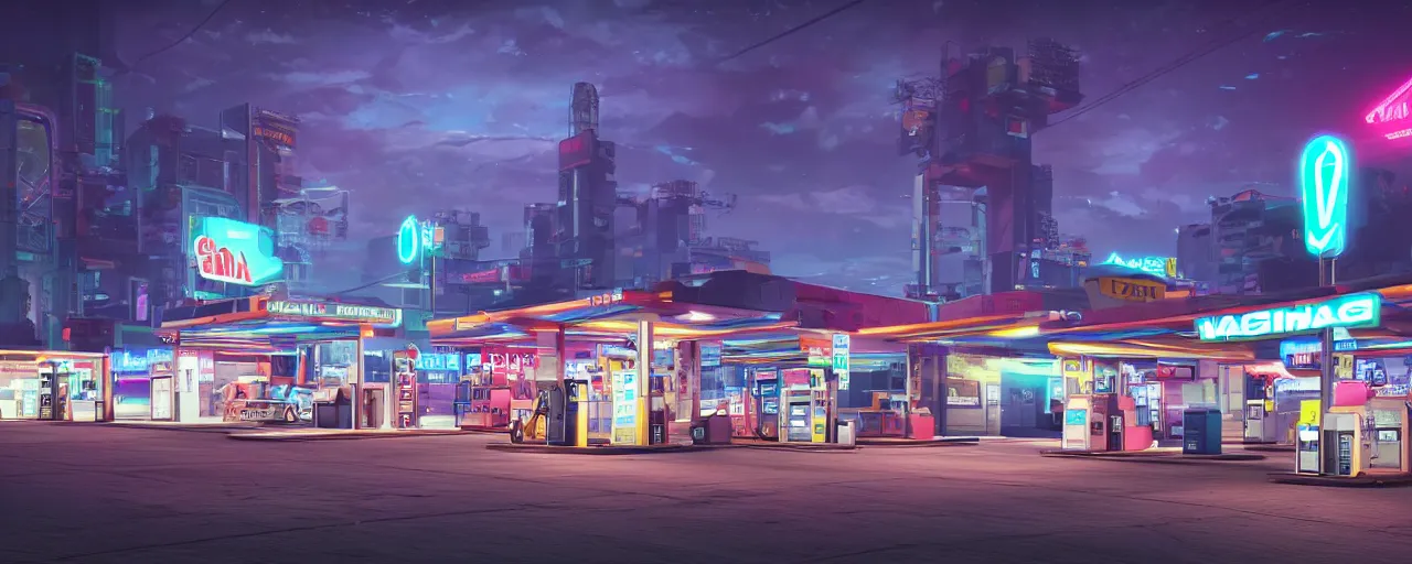 Image similar to a gas station in the night time, vaporwave aesthetic, neon signs, superliminal 8 k uhd, unreal engine, octane render in the artstyle of finnian macmanus, john park and greg rutkowski