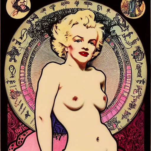 Image similar to marilyn monroe portrait by louis - theophile hingre and alphonse mucha, realistic, sharp focus, zodiac signs, tarot cards, planets, ethereal, art nouveau, magic, moon, sun, smart, wisdom, royal, jewellery