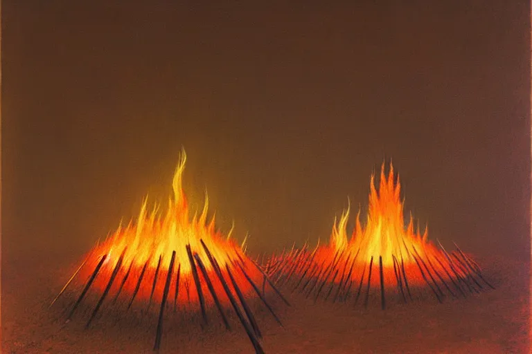 Image similar to zdzisław beksinski painting of a campsite with bonfire