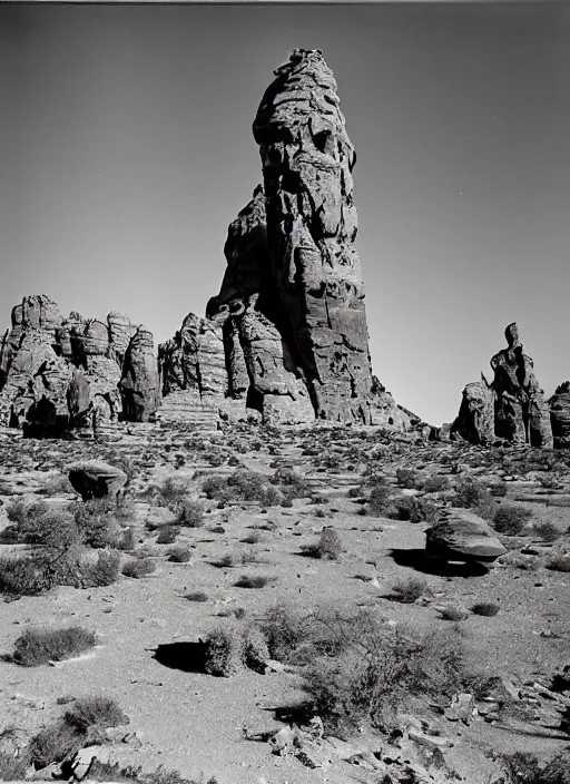 Image similar to Photo of rock formations towering over sparse desert vegetation among rocks and boulders, Utah, albumen silver print, Smithsonian American Art Museum