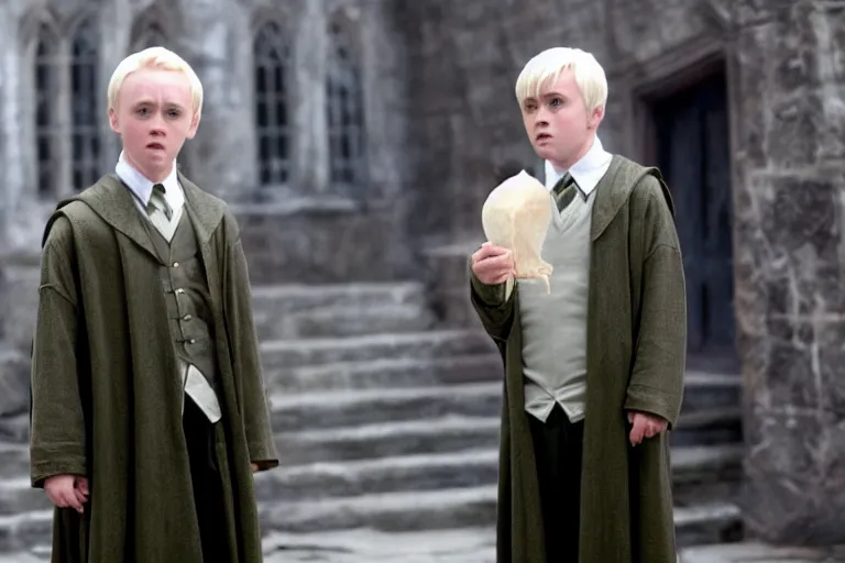 Image similar to film still Haley Joel Osment as Draco Malfoy wearing hogwarts uniform in Harry Potter movie