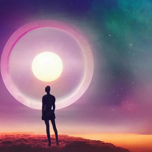 Image similar to A picture of a planet of various colors and plants, in which the human figure is dressed in something magical and impressive, inside the picture is infinity, sunset light, Atmospheric phenomenon, artistic photography, muted colors, conceptual