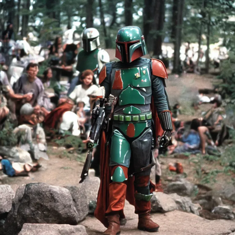 Prompt: photo of boba fett at woodstock, 1 9 6 9, 3 5 mm film, fuji velvia