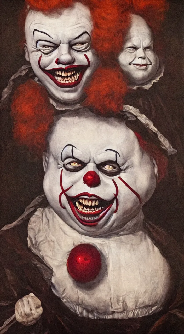 Prompt: elon musk as fat pennywise the clown, rembrandt oil painting