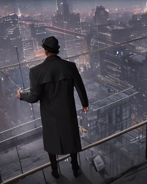 Prompt: a night rooftop scene, close up shot of a photorealistic gangster wearing a trench coat looking at the city below, unreal engine, hyper realism, realistic shading, cinematic composition