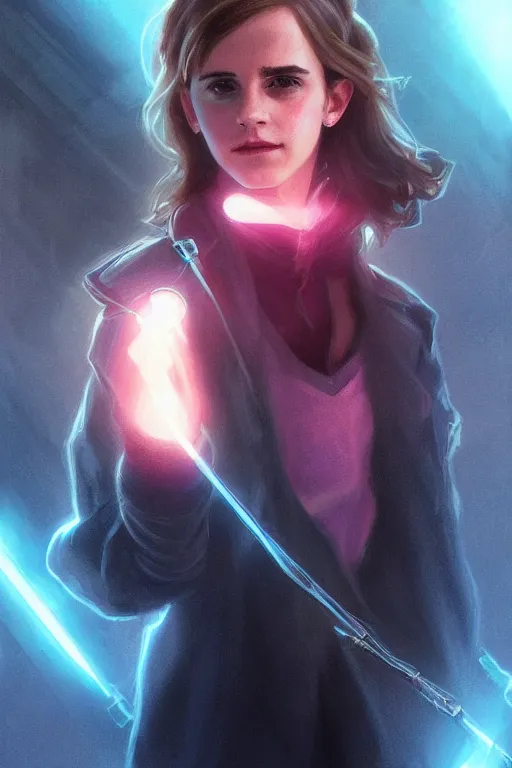 Image similar to portrait of Emma Watson as Hermione Granger in cyberpunk, neon lighting, night city, digital art from artstation by Ruan Jia and Mandy Jurgens and Artgerm and william-adolphe bouguereau and Greg Rutkowski and Wayne Barlowe