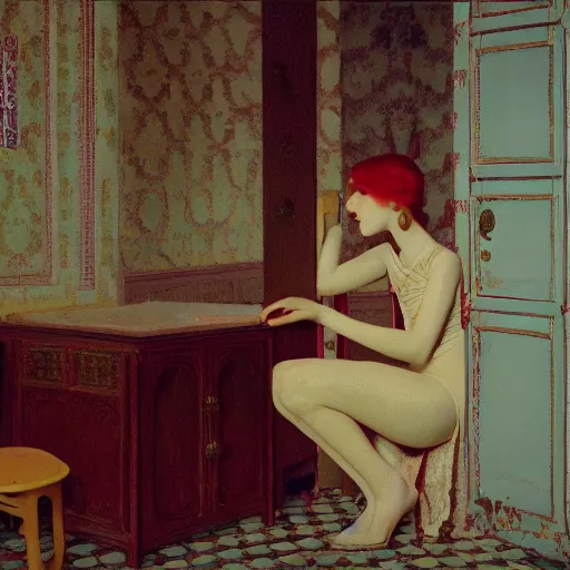 Image similar to a young ivory and golden filigree girl in an soviet liminal abandoned room, film still by wes anderson, depicted by balthus, limited color palette, very intricate, art nouveau, highly detailed, lights by hopper, soft pastel colors