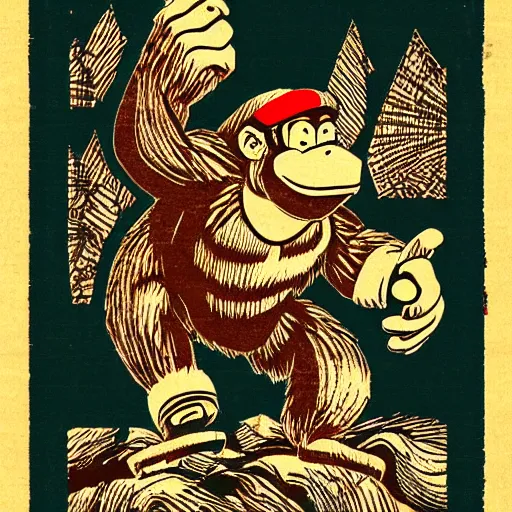 Image similar to Donkey Kong, in the style of a woodblock print.